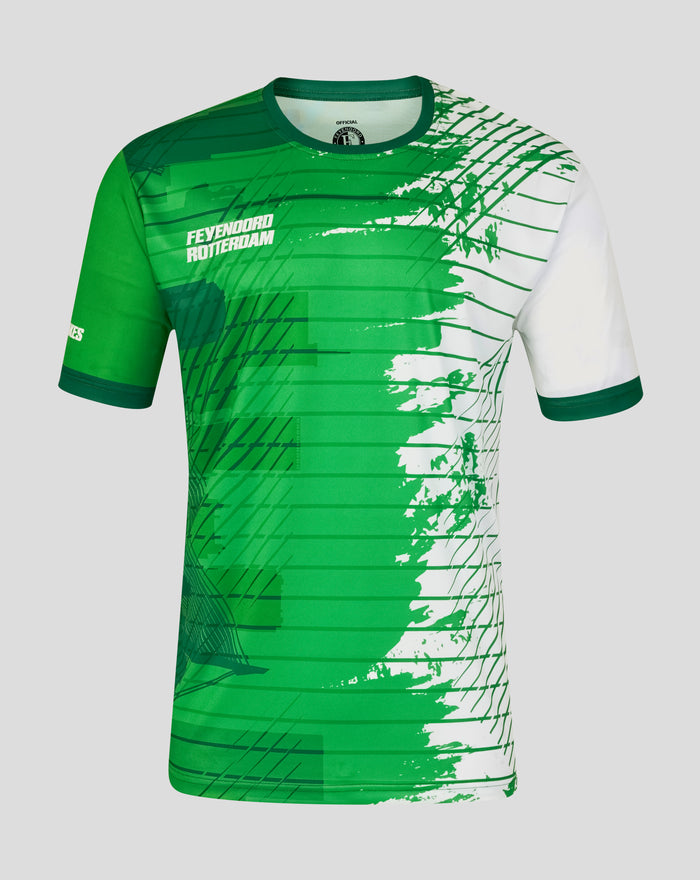 Rotterdam Marathon 2026 running shirt in groen met skyline patroon en Feyenoord Rotterdam branding
