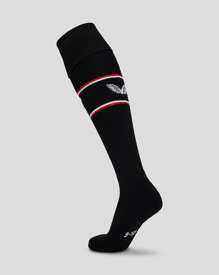 Black Feyenoord home sock with embroidered white F logo and red white stripe at the top