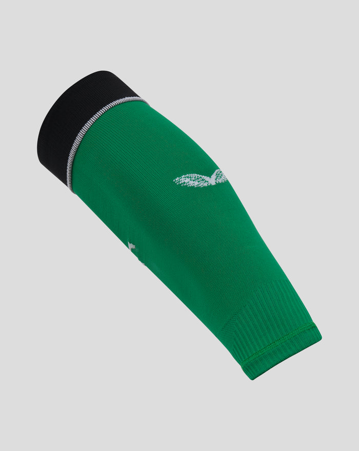 Close up of green adult Feyenoord third sock with black cuff and white stitched edge