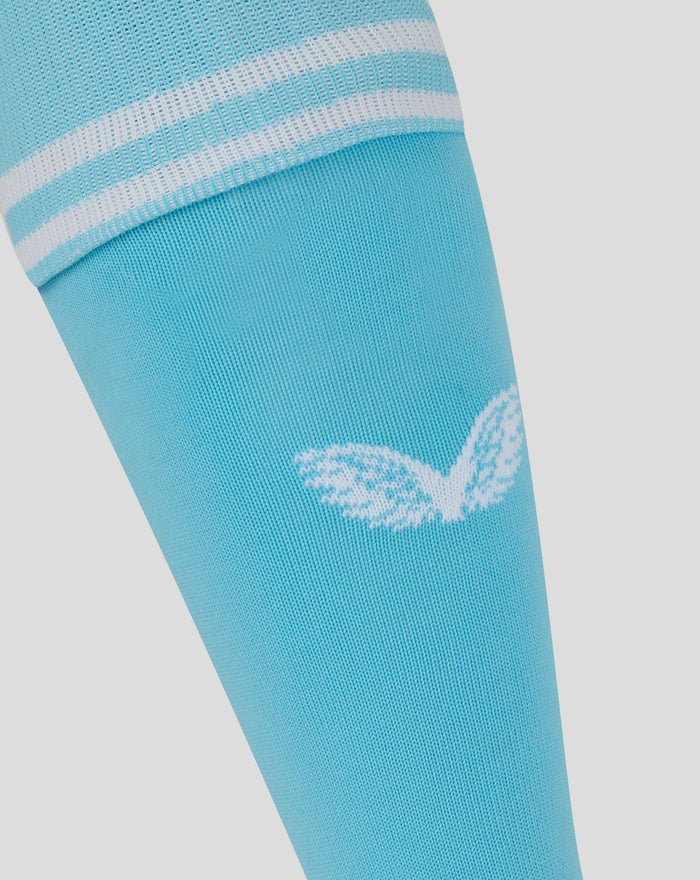 Close-up of turquoise Feyenoord keeper home sock Junior with white stripe band and logo detail