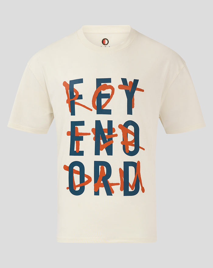 Adult white Feyenoord contemporary T shirt with bold navy letters and orange graffiti overlay on the front