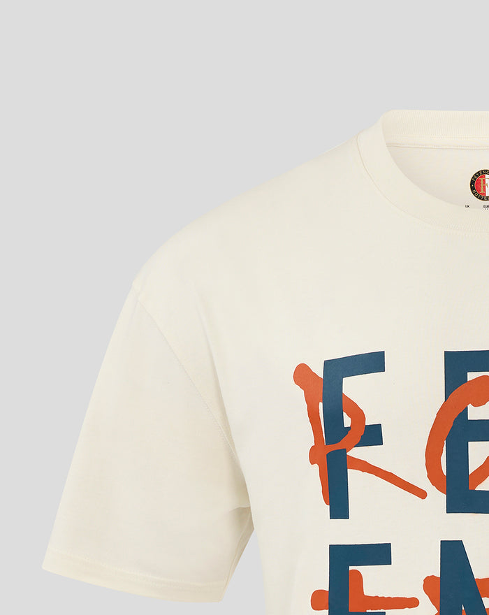 Partial front view of white Feyenoord T shirt with large blue lettering and orange graphics