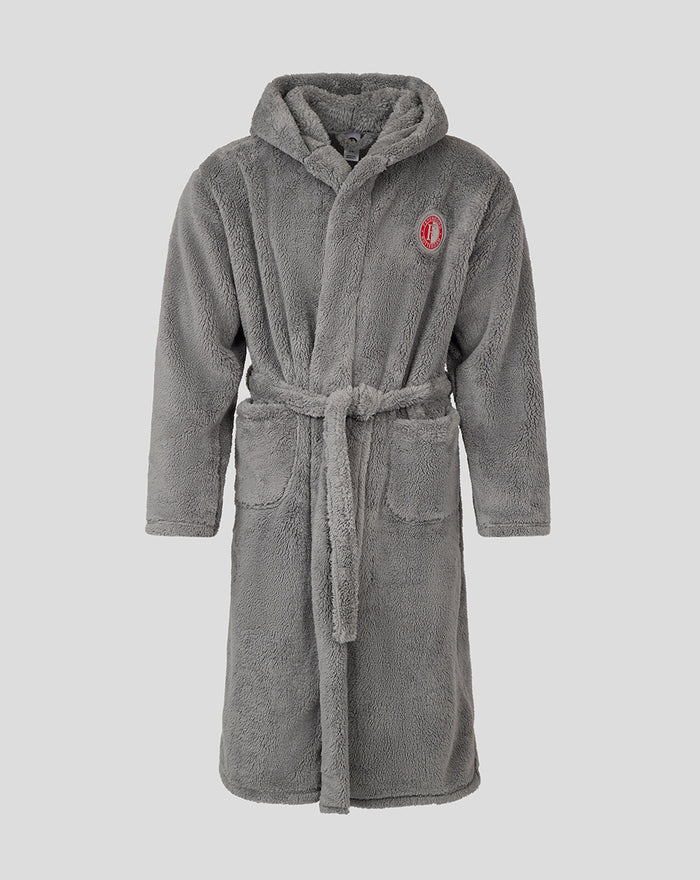 Grey Feyenoord adult bathrobe with belt and a circular club crest on the chest.