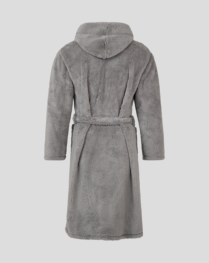 Grey fluffy Feyenoord bathrobe for adults shown from the back with hood and belt