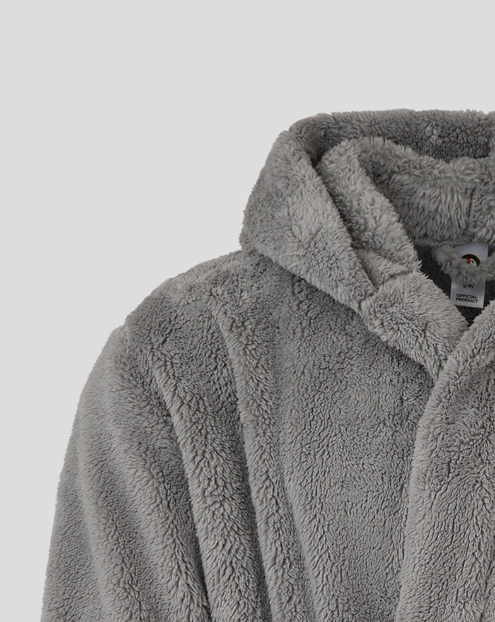 Close-up of plush grey Feyenoord bathrobe fabric with hood edge