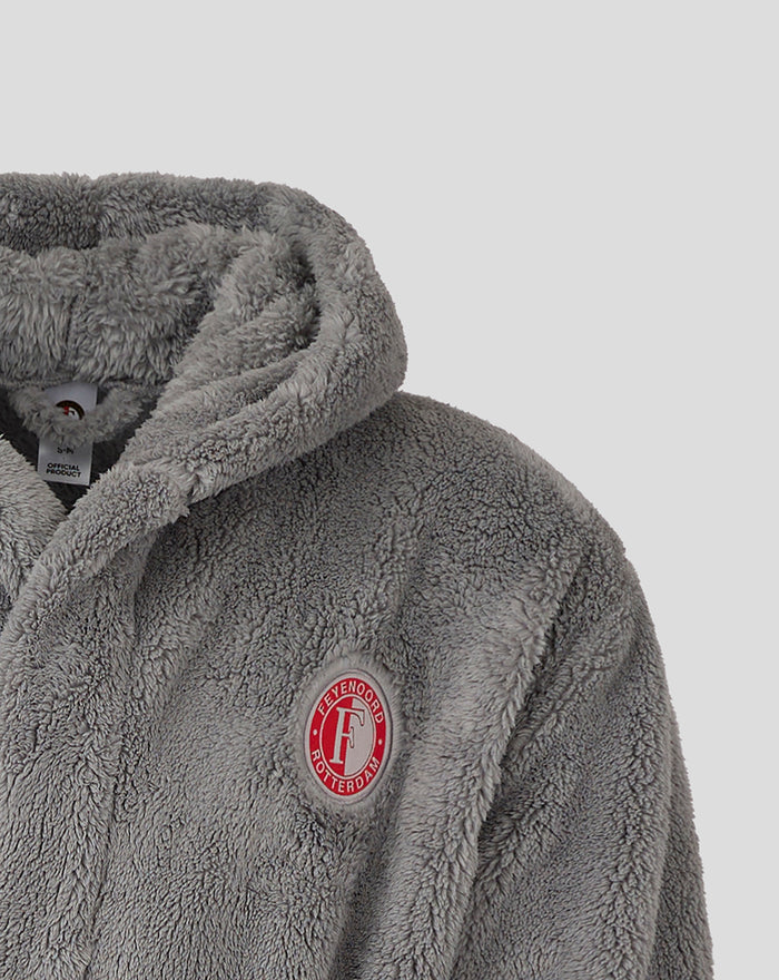 Grey Feyenoord bathrobe for adults with round red logo patch on the chest