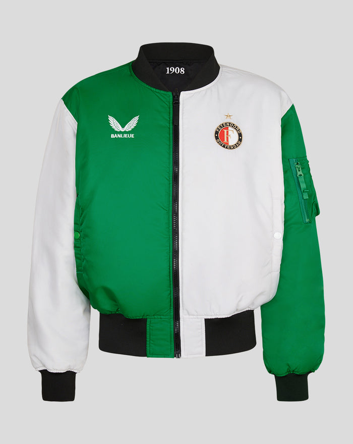 Front view of a Feyenoord reversible stadium jacket in green and white with a club crest on the chest