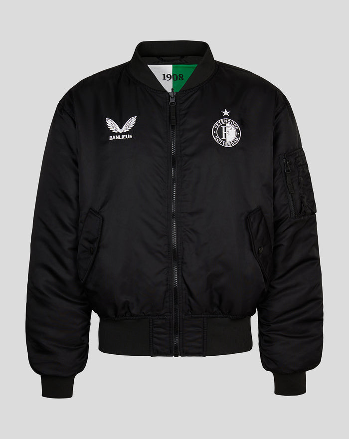 Front view of a black Feyenoord reversible stadium jacket with the club crest on the chest and zip
